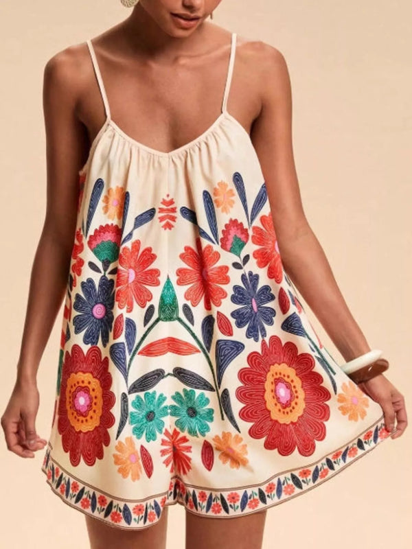 Floral Print Spaghetti Strap Romper-Nordavory