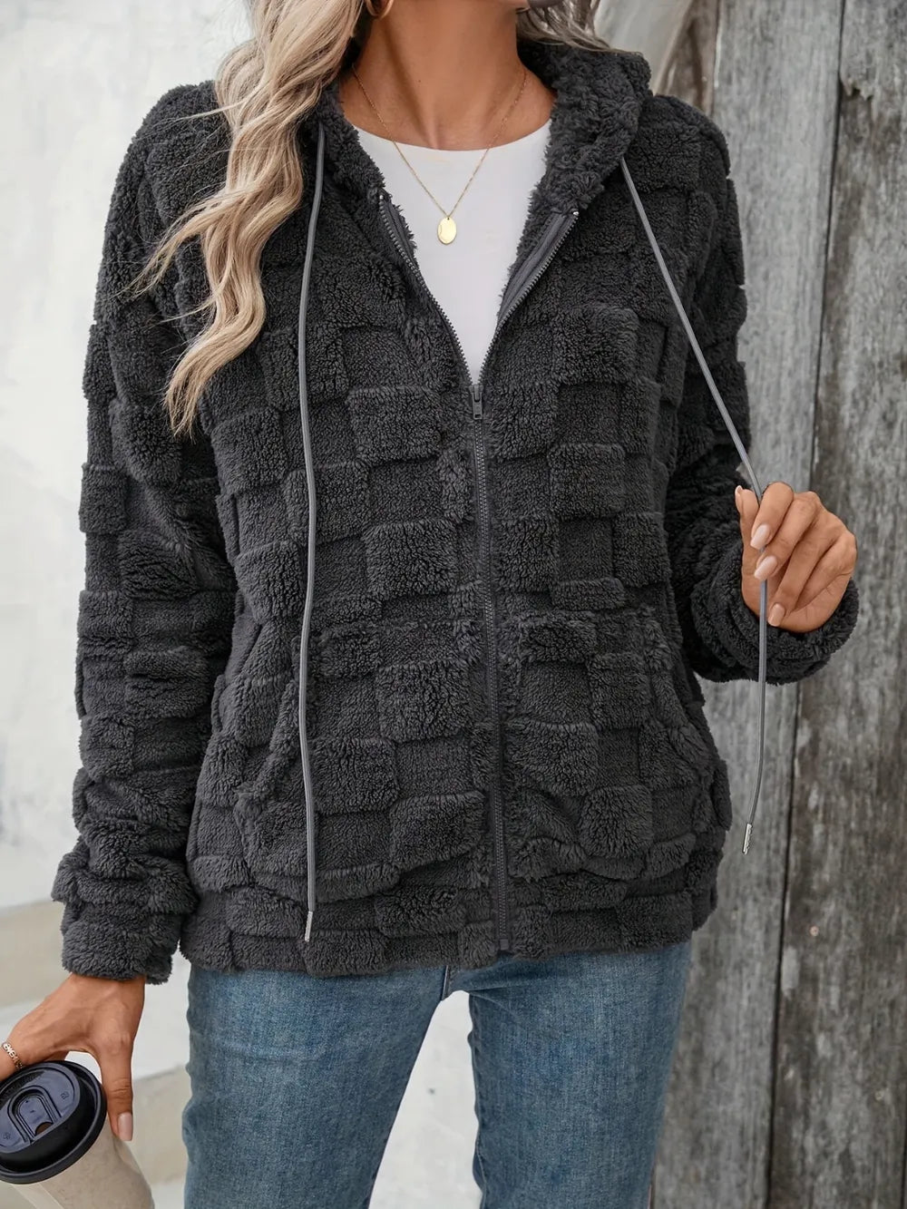 Checkered Texture Zip Up Drawstring Fuzzy Jacket-Nordavory
