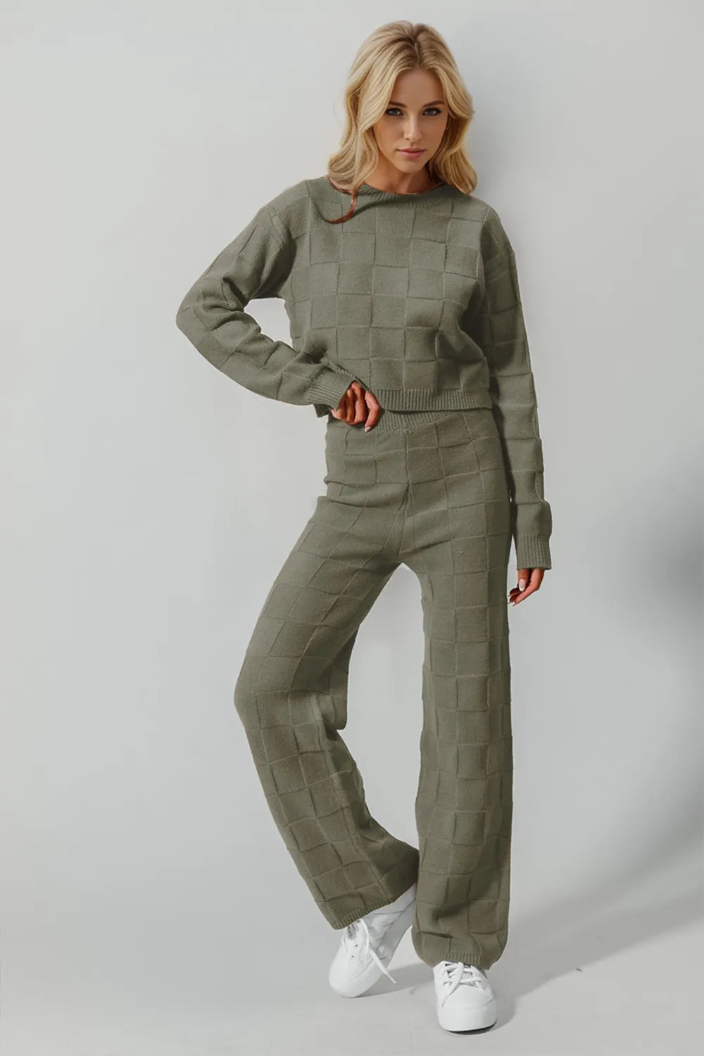 Double Take Full Size Checkered Round Neck Top and Pants Set-Nordavory