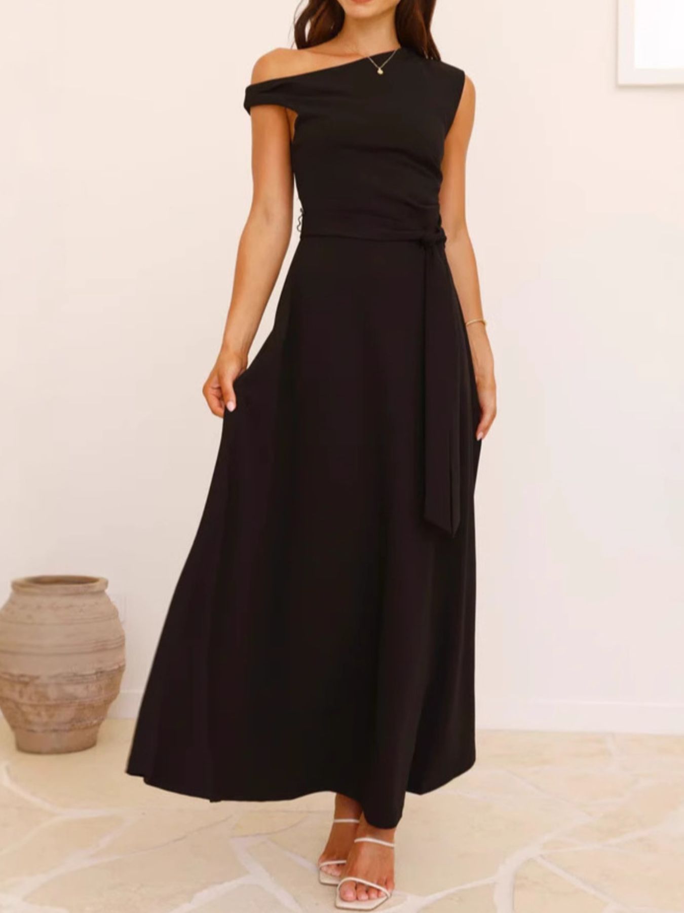 Single Shoulder Tie Waist Maxi Dress-Nordavory