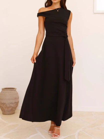 Single Shoulder Tie Waist Maxi Dress-Nordavory