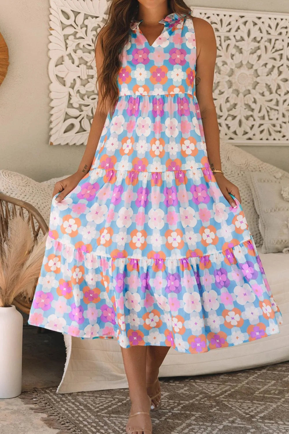 Floral Print Sleeveless Tiered Midi Dress-Nordavory