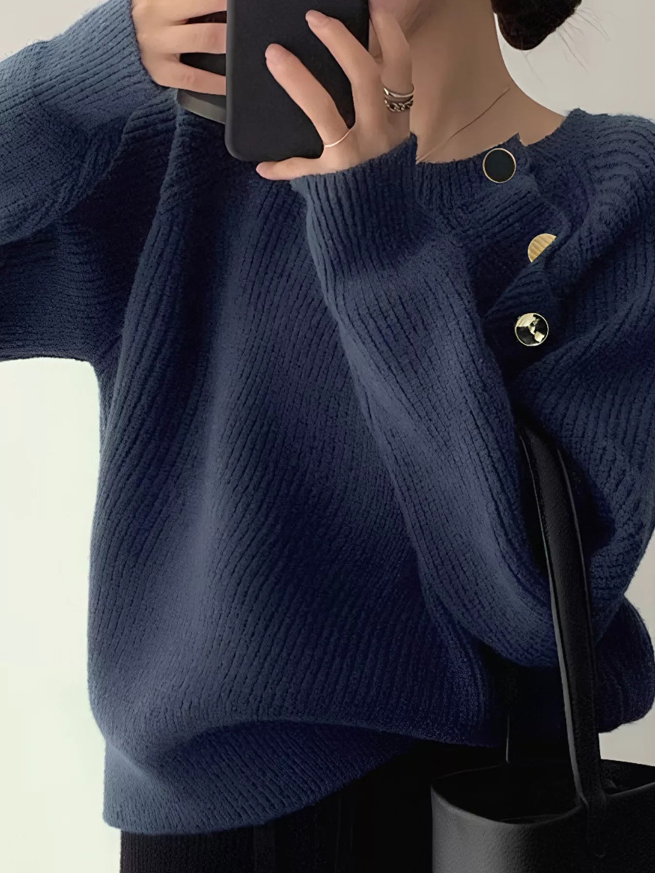 Button-Decorated Round Neck Sweater-Nordavory