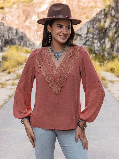 Swiss Dot V-Neck Blouse-Nordavory