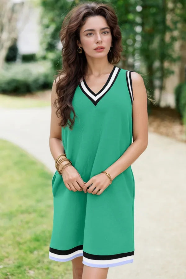Color Contrast Trim V Neck Shift Sleeveless Mini Dress-Nordavory