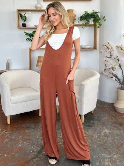 Double Take Full Size Sleeveless Wide Leg Jumpsuit with Pockets-Nordavory