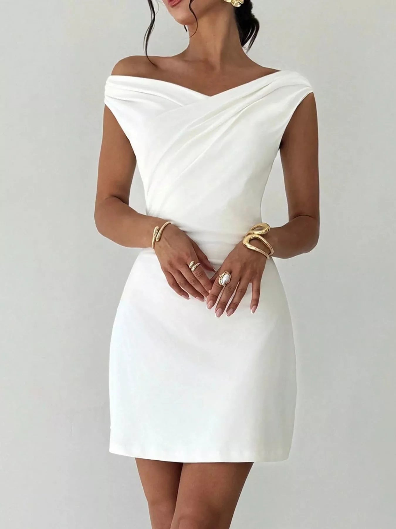 Elegant Off-Shoulder Draped Mini Dress-Nordavory