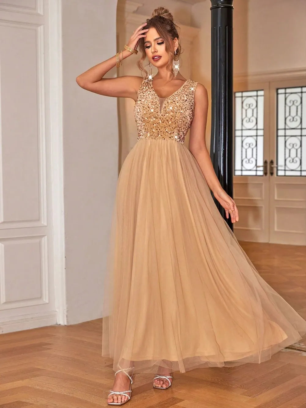 Sequin V-Neck Sleeveless Dress-Nordavory