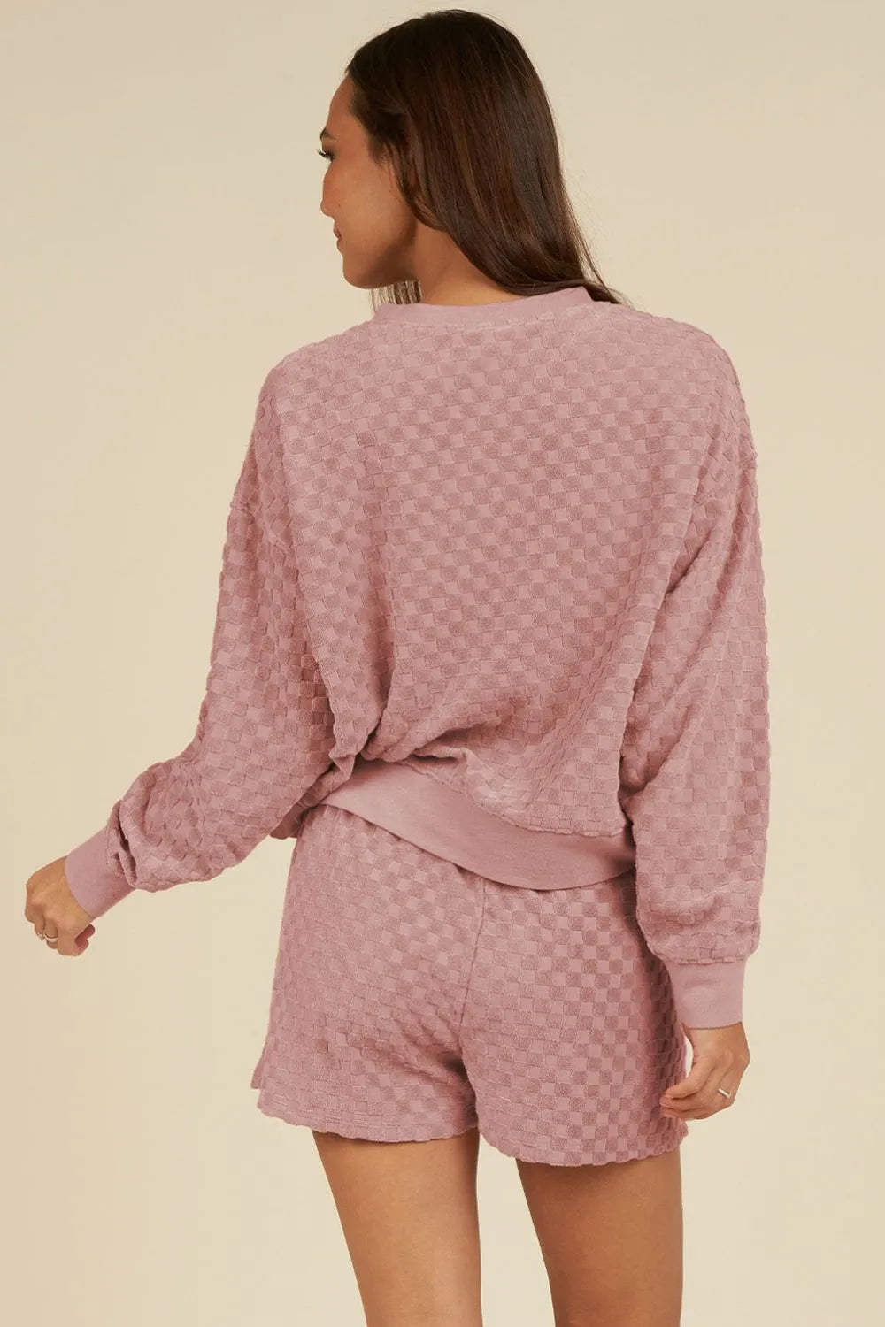 Round Neck Long Sleeve Checkered Top and Shorts Set-Nordavory