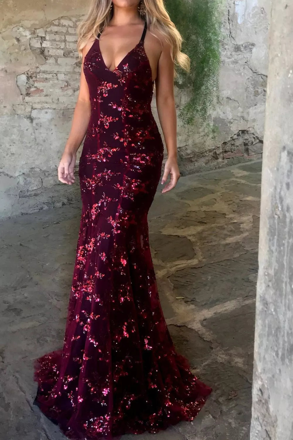 Full Size Sequin Tie Back V-Neck Maxi Dress Plus Size-Nordavory