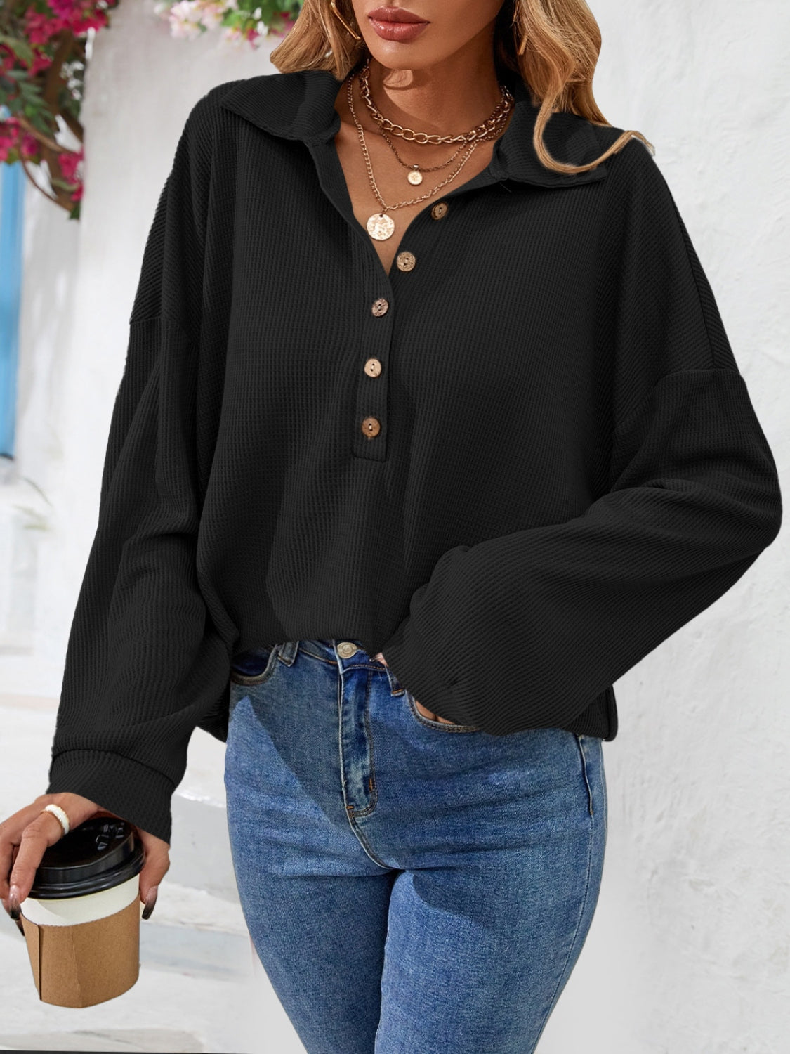 Half Button Collared Neck Long Sleeve Top-Nordavory