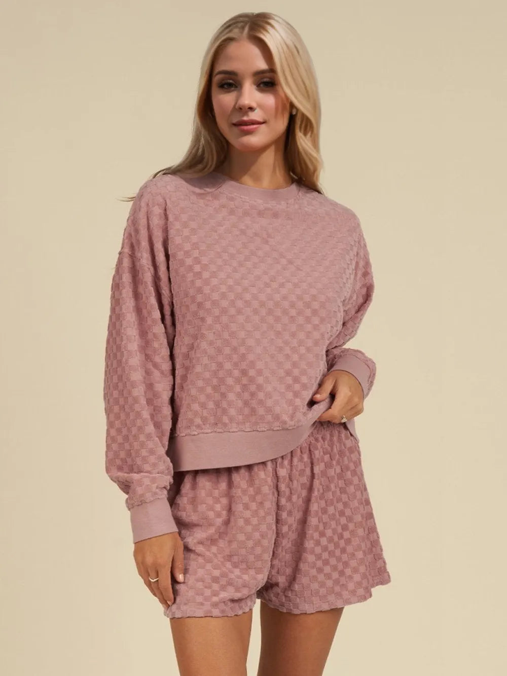 Oh Checkered Round Neck Long Sleeve Top and Shorts Set-Nordavory