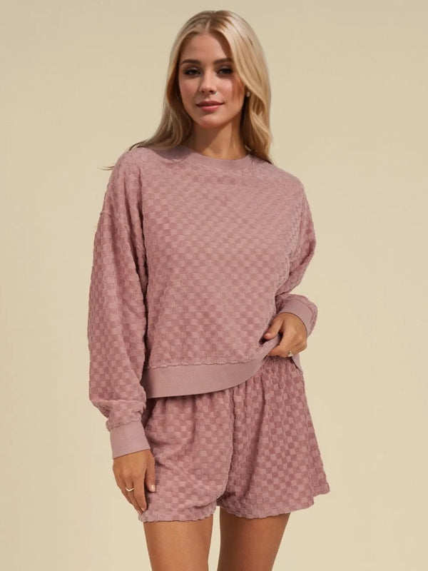 Oh Checkered Round Neck Long Sleeve Top and Shorts Set-Nordavory
