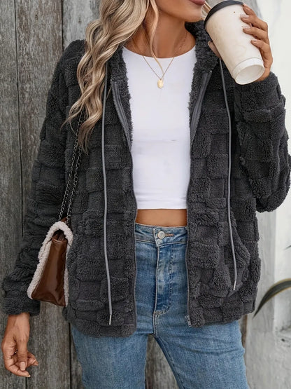 Checkered Texture Zip Up Drawstring Fuzzy Jacket-Nordavory