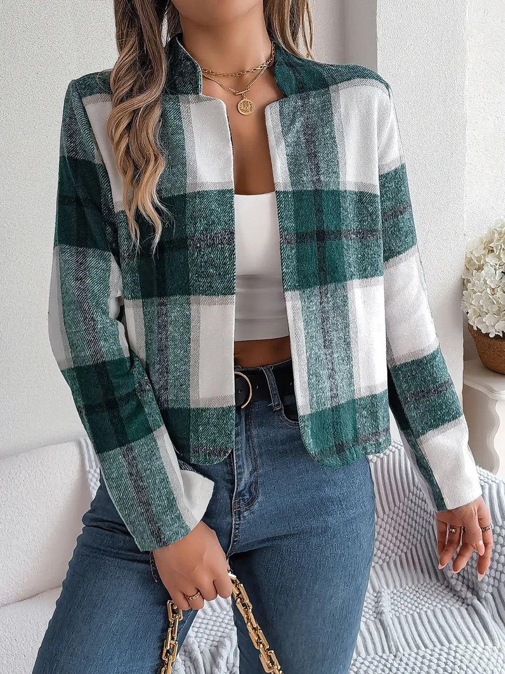Plaid Open Front Long Sleeve Jacket-Nordavory