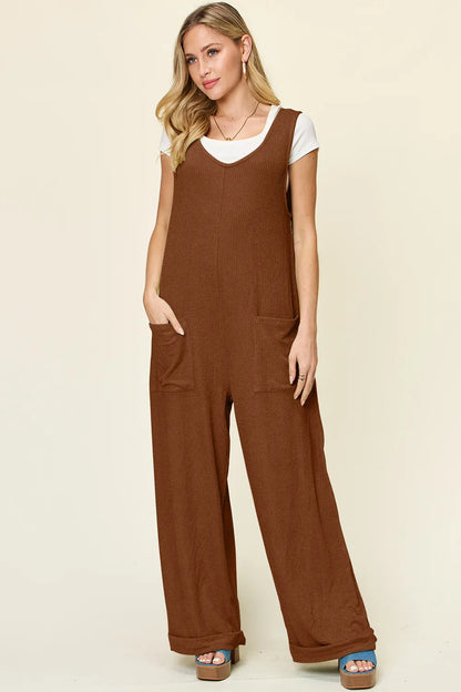 Double Take Full Size Texture Sleeveless Wide Leg Jumpsuit-Nordavory