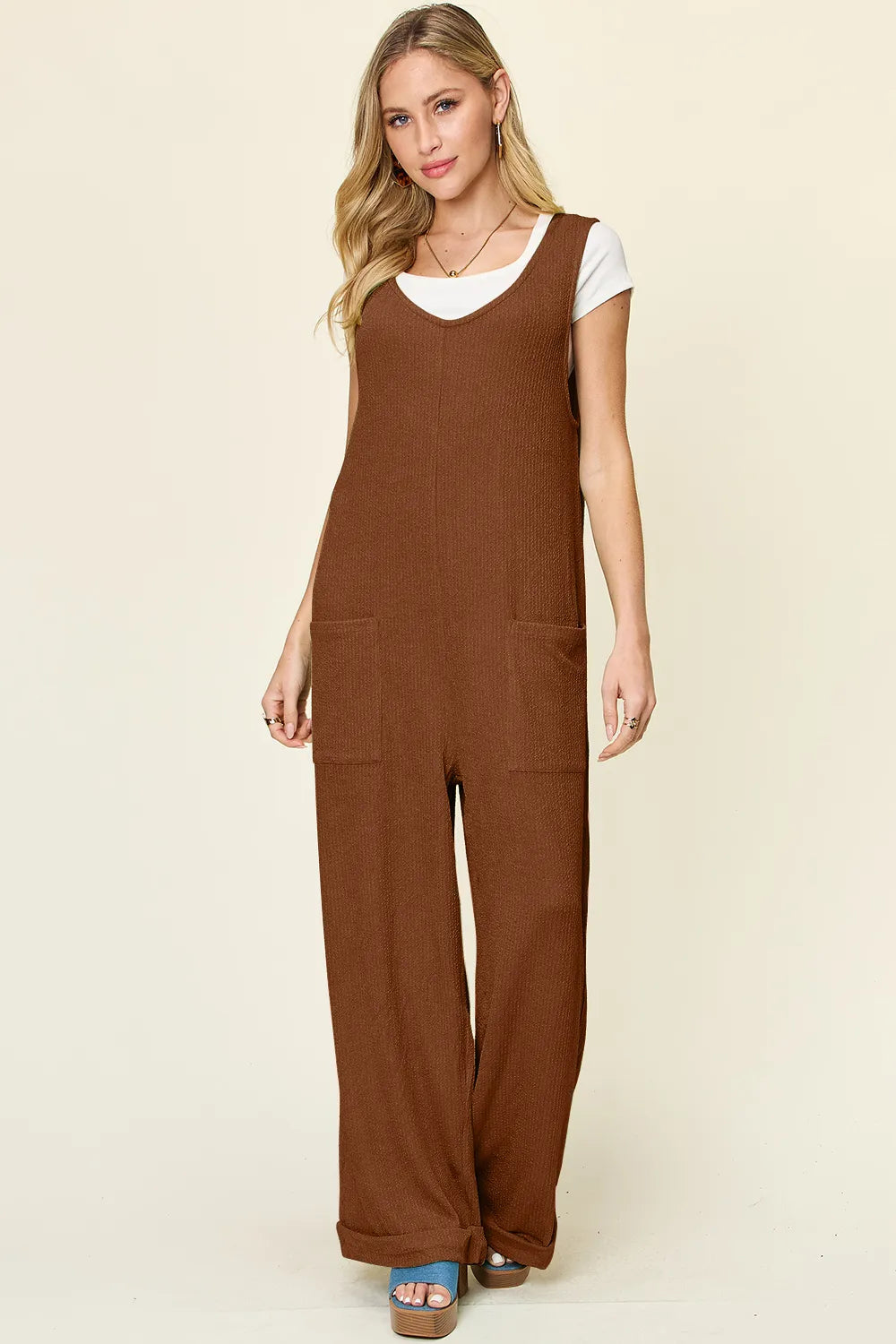 Double Take Full Size Texture Sleeveless Wide Leg Jumpsuit-Nordavory