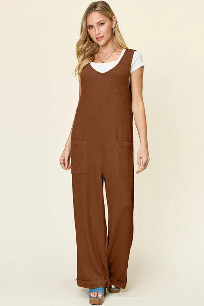 Double Take Full Size Texture Sleeveless Wide Leg Jumpsuit-Nordavory