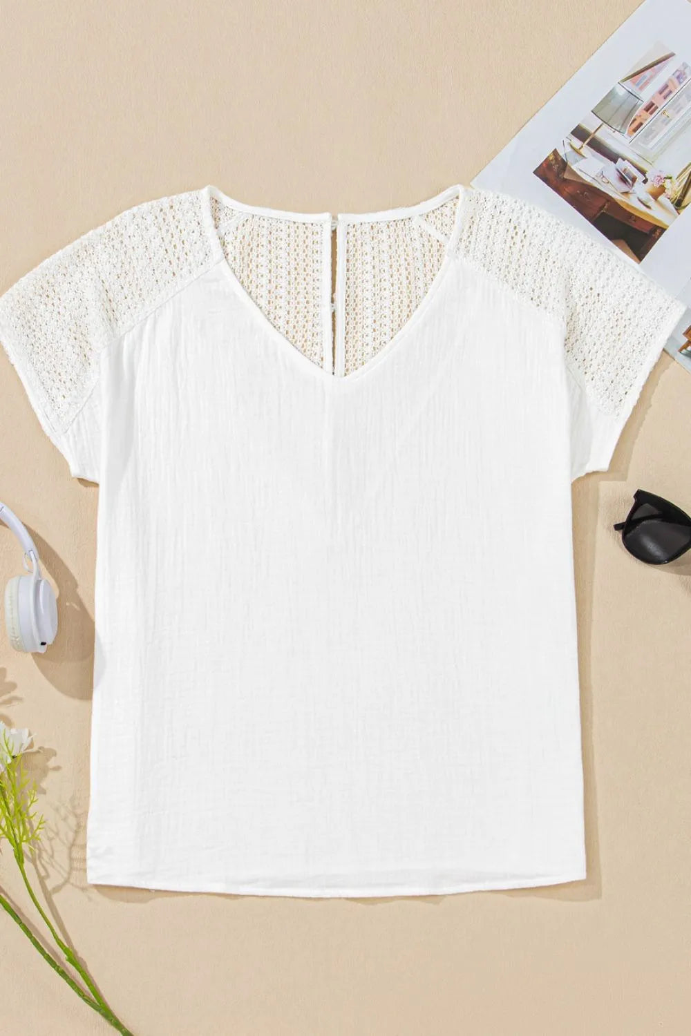 Lace Crochet Textured Button Back V Neck T Shirt-Nordavory