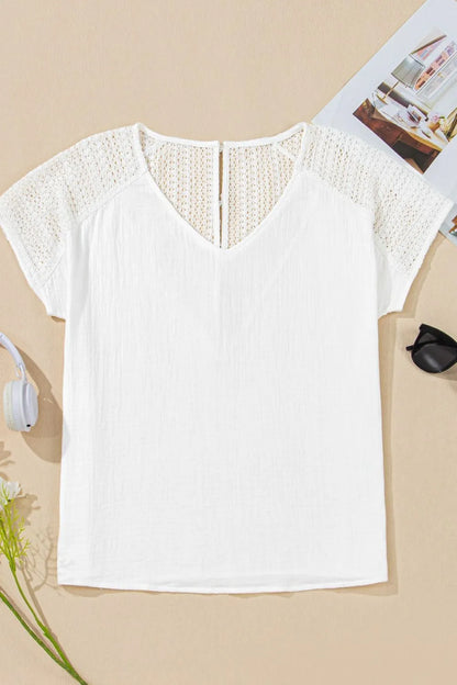 Lace Crochet Textured Button Back V Neck T Shirt-Nordavory