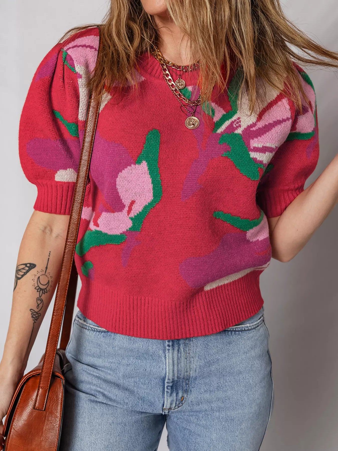 Floral Abstract Print Short Puff Sleeve Sweater-Nordavory
