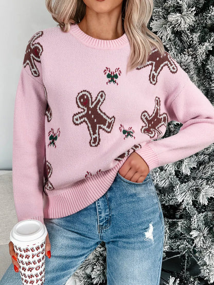 Christmas Ginger Bread Man Round Neck Casual Sweater-Nordavory