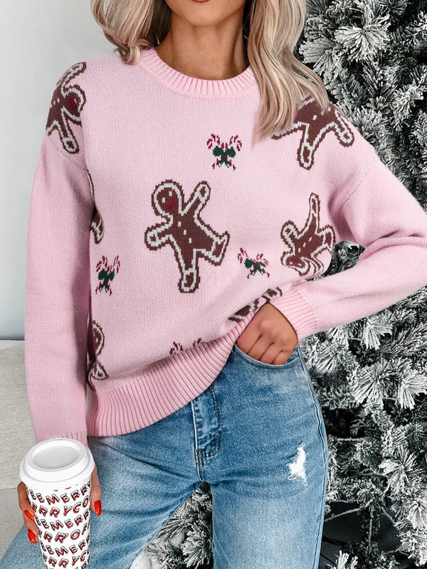 Christmas Ginger Bread Man Round Neck Casual Sweater-Nordavory