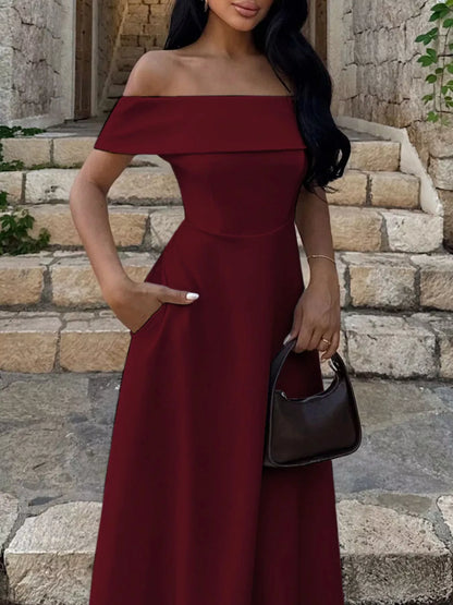 Off-Shoulder A-Line Maxi Dress-Nordavory