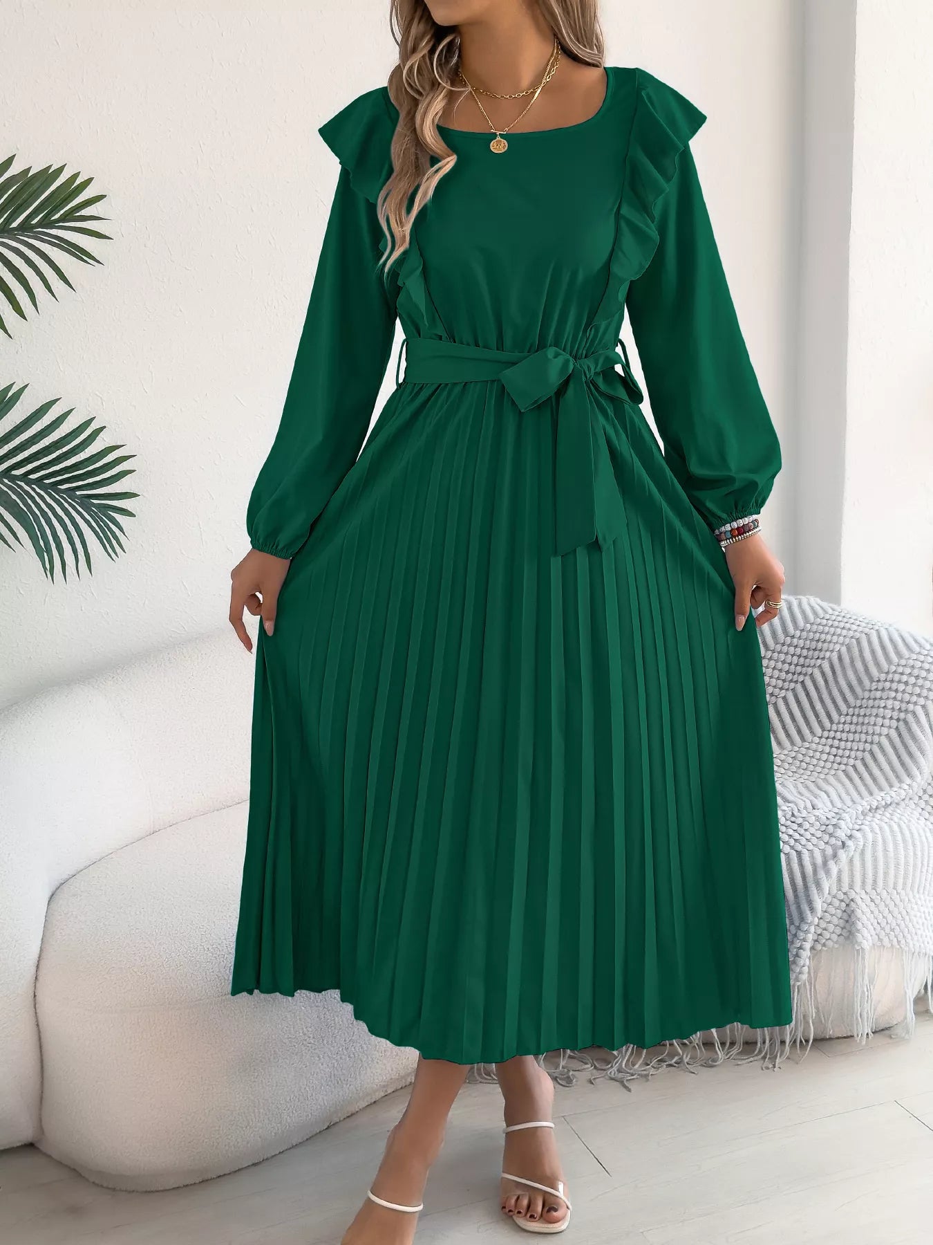 Ruffle Trim Pleated A-Line Midi Dress-Nordavory