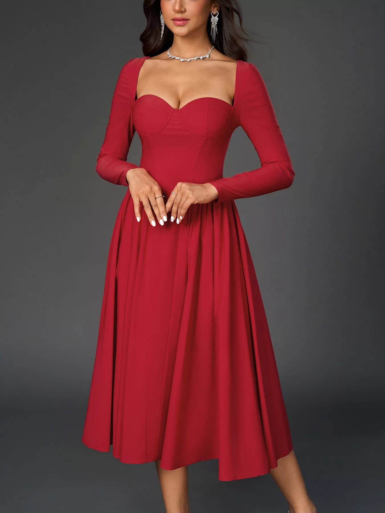 Sweetheart Neckline Long Sleeve A-Line Midi Dress-Nordavory