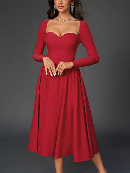 Sweetheart Neckline Long Sleeve A-Line Midi Dress-Nordavory