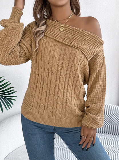 Off-Shoulder Cable Knit Sweater-Nordavory