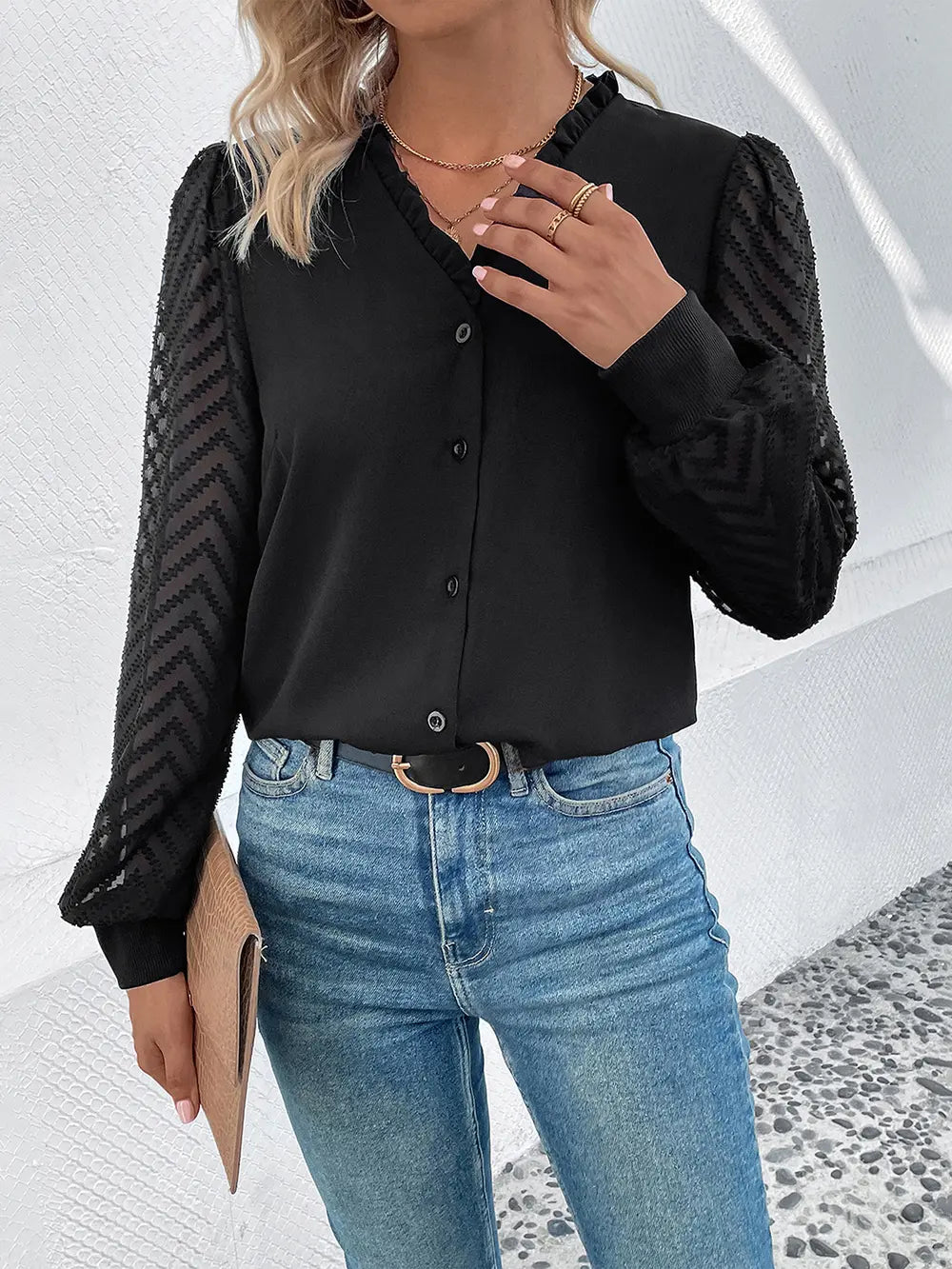 Perfee Mesh V-Neck Button Front Blouse-Nordavory