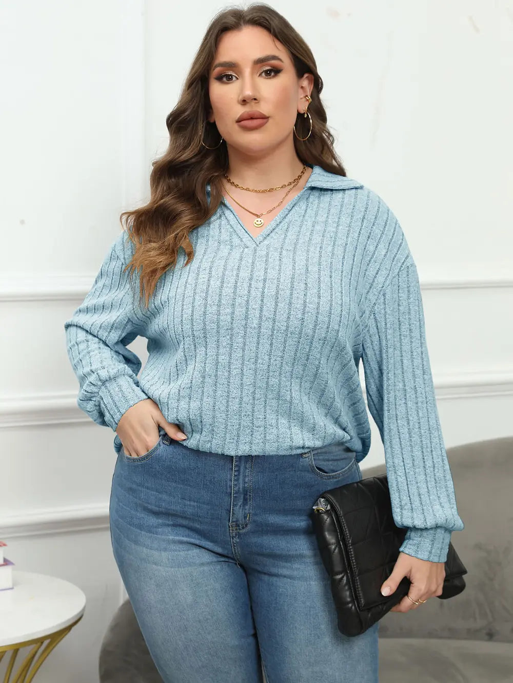 Plus Size Ribbed Collared Neck Long Sleeve Blouse-Nordavory