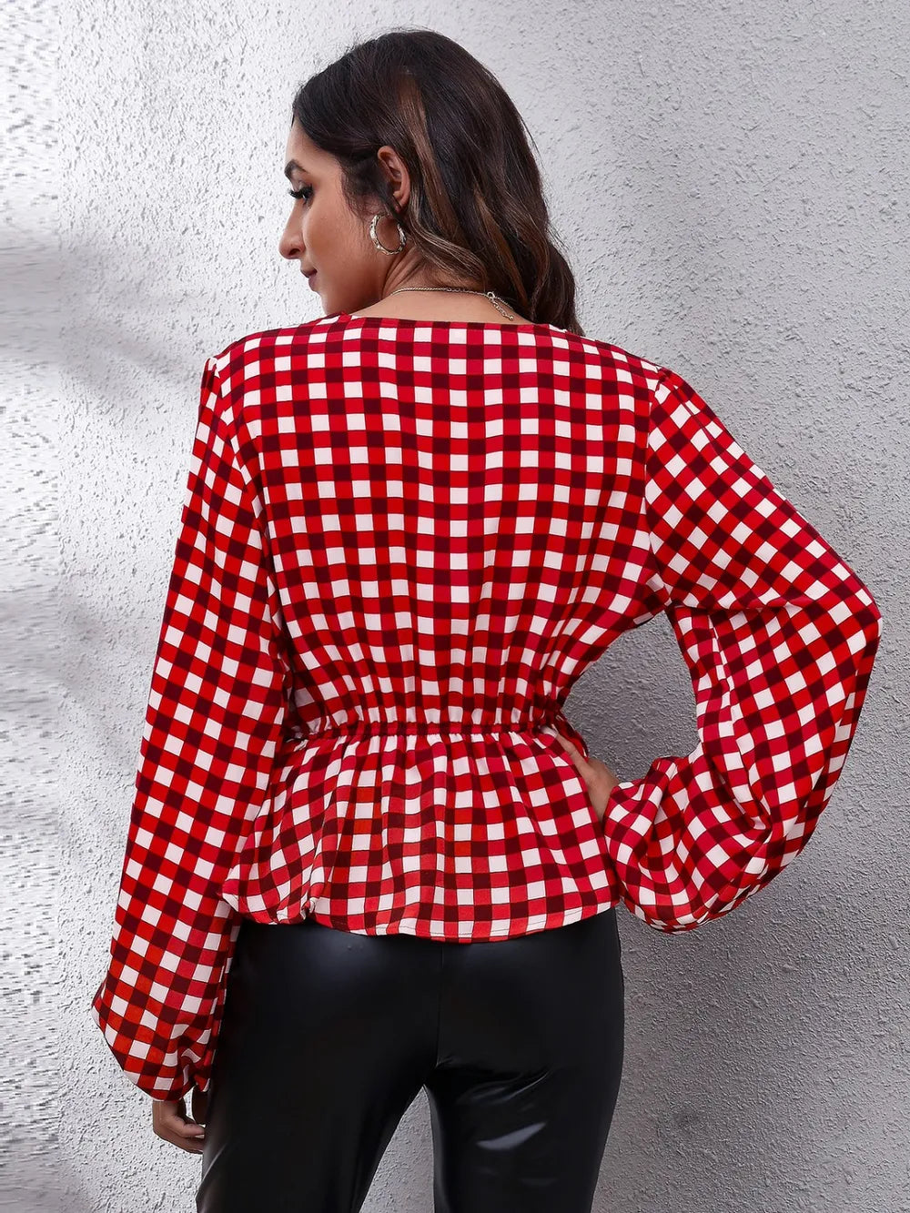 Plaid V-Neck Balloon Sleeve Peplum Blouse-Nordavory