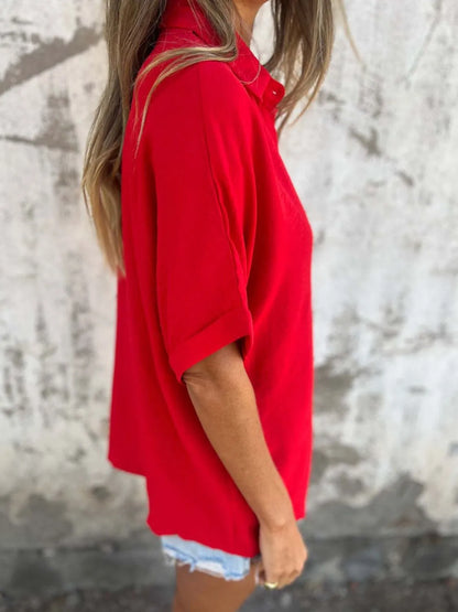 Full Size Collared Neck Half Sleeve Shirt Plus Size-Nordavory