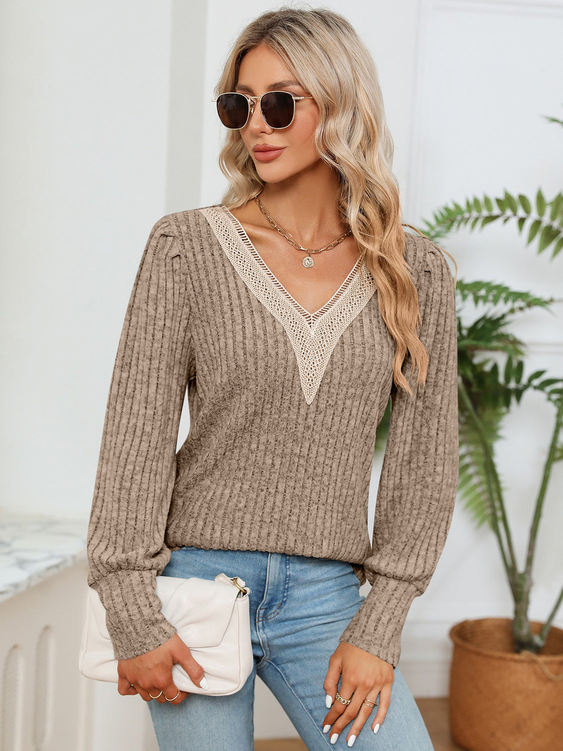 Lace Detail V-Neck Ribbed Blouse-Nordavory