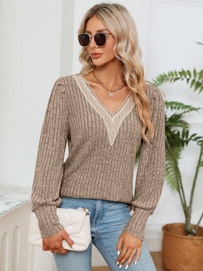 Lace Detail V-Neck Ribbed Blouse-Nordavory