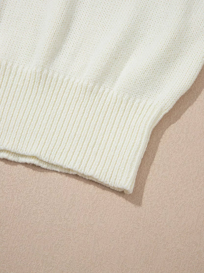 Flower Detail Round Neck Contrast Textured Puff Sleeve Sweater-Nordavory