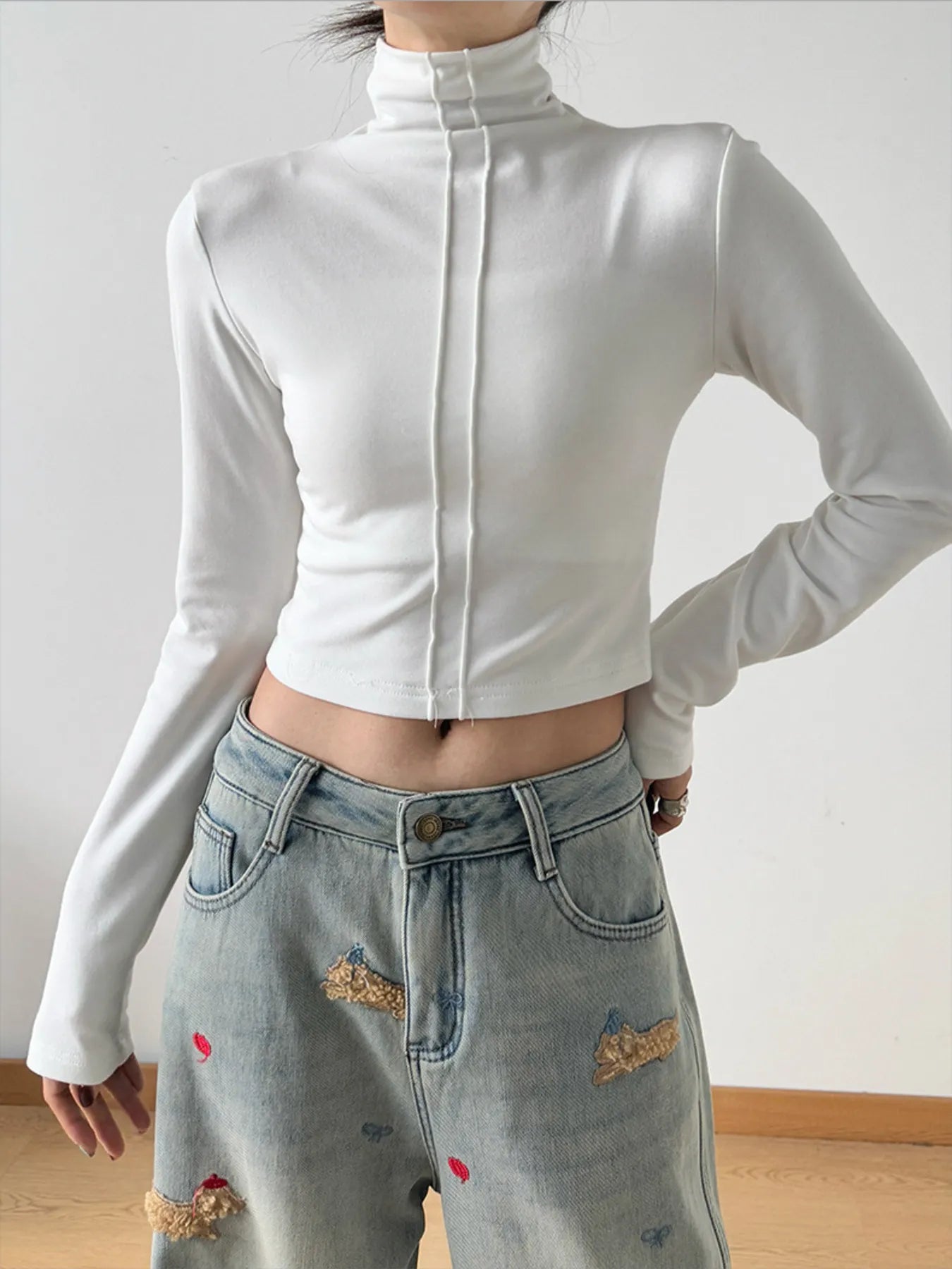 High Neck Long Sleeve Cropped T-Shirt-Nordavory