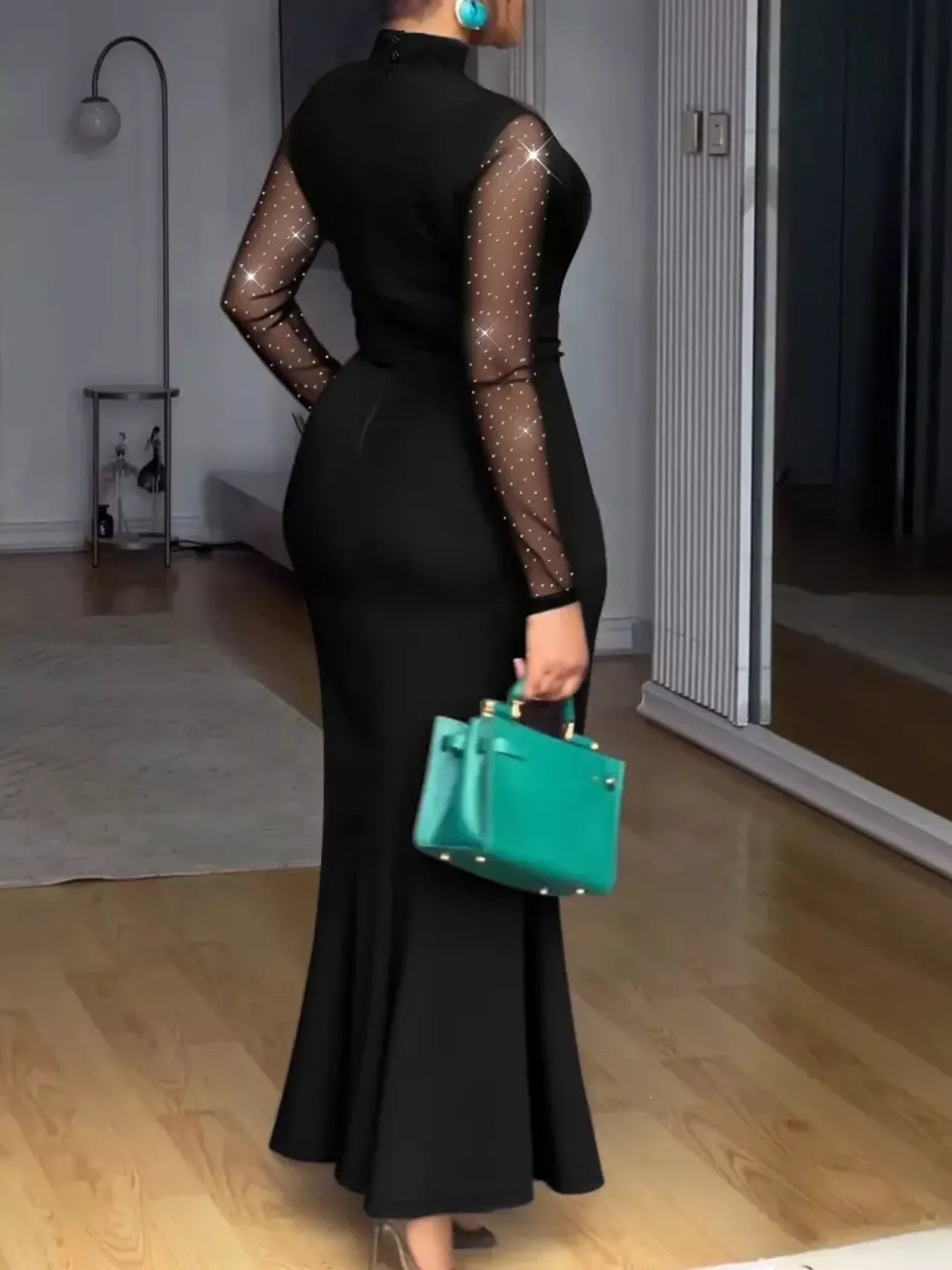 Mesh Mock Neck Long Sleeve Maxi Dress-Nordavory