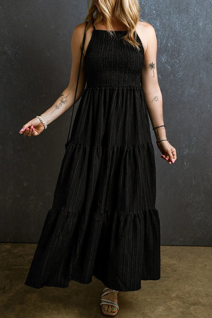 Smocked Tiered Spaghetti Strap Dress-Nordavory