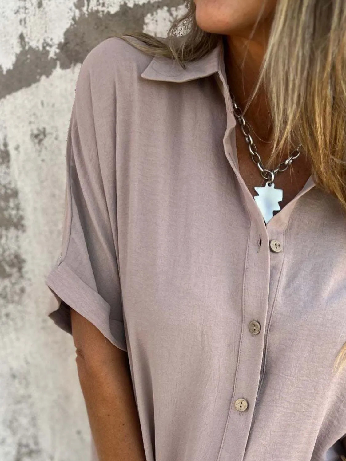 Full Size Collared Neck Half Sleeve Shirt Plus Size-Nordavory