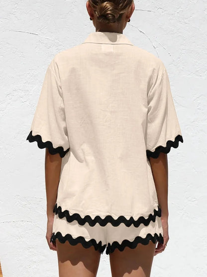 Contrast Trim Half Sleeve Top and Shorts Set-Nordavory