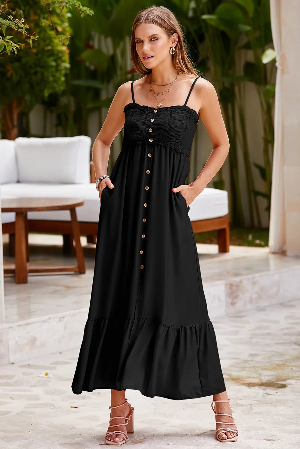 Smocked Spaghetti Strap Ruffle Hem Dress-Nordavory