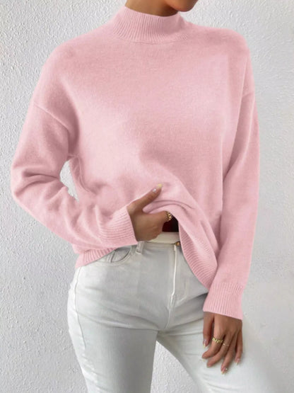 Mock Neck Dropped Shoulder Sweater-Nordavory