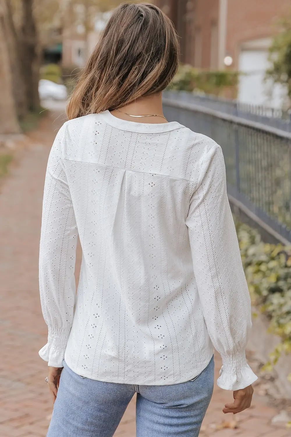 Openwork Notched Flounce Sleeve Blouse-Nordavory