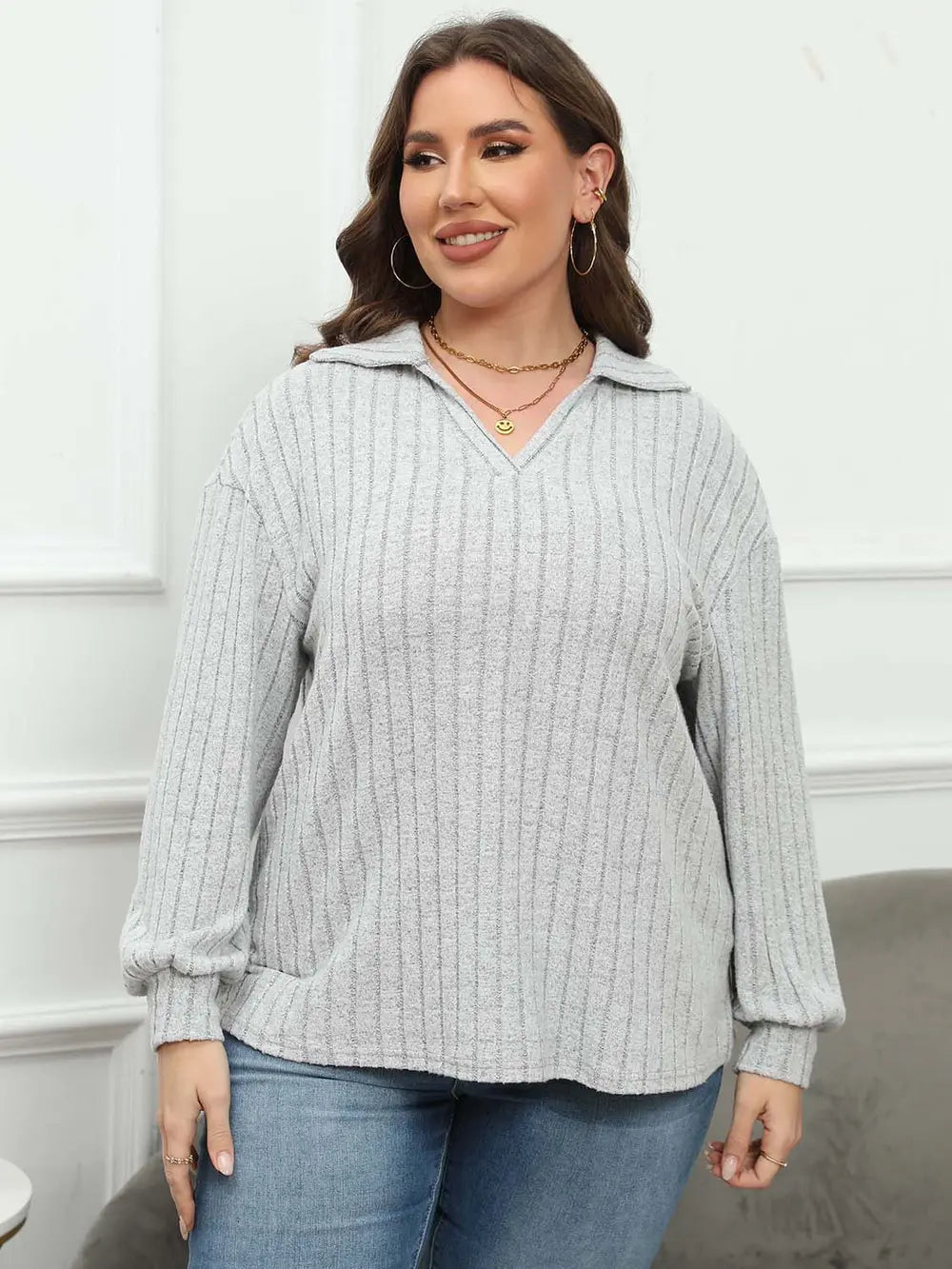 Plus Size Ribbed Collared Neck Long Sleeve Blouse-Nordavory