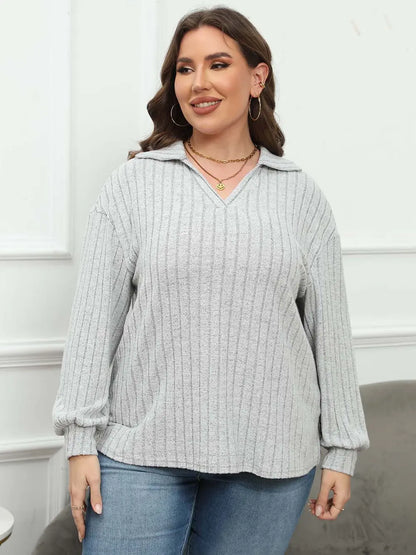 Plus Size Ribbed Collared Neck Long Sleeve Blouse-Nordavory