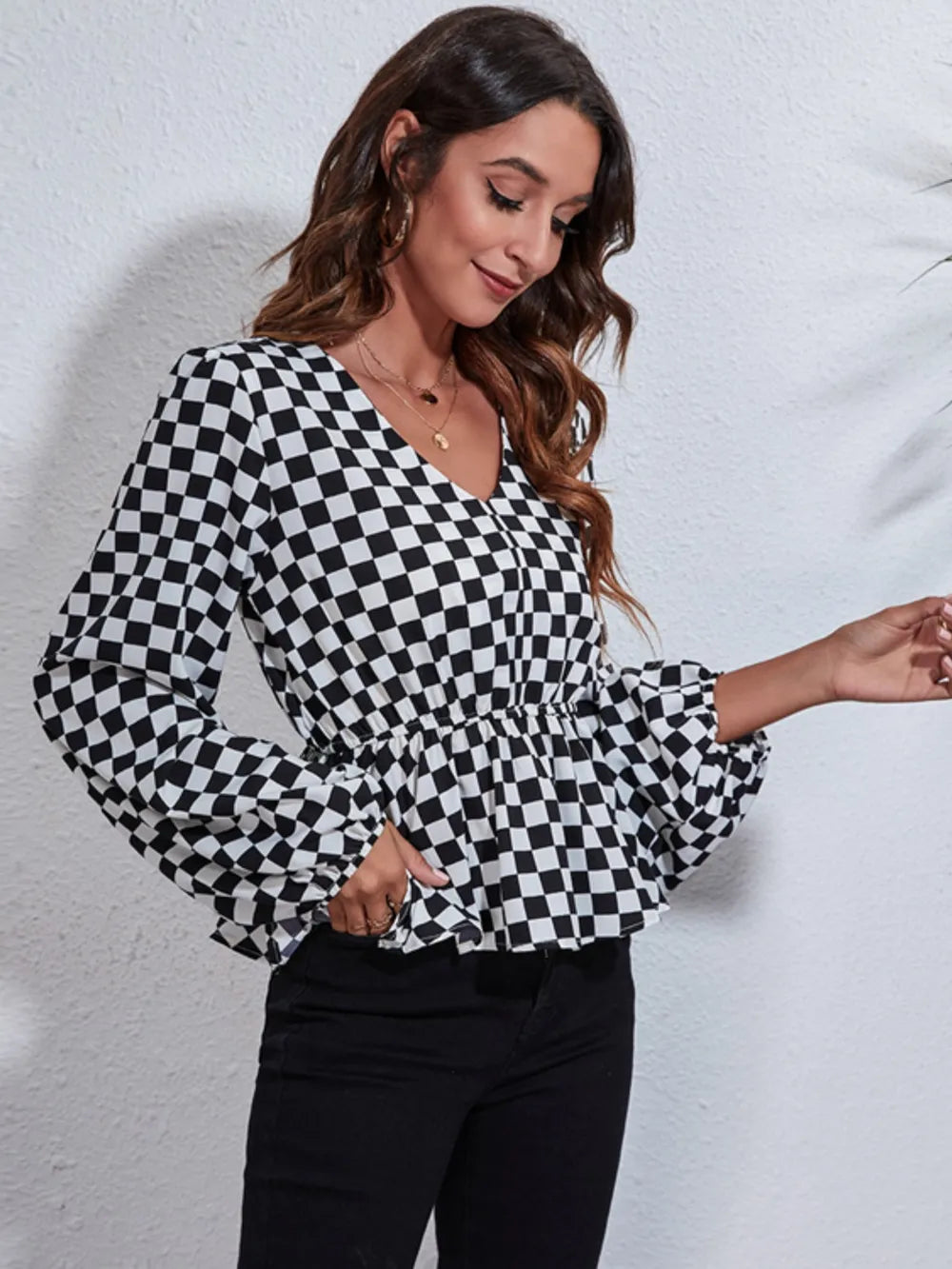 Checkered V-Neck Balloon Sleeve Peplum Blouse-Nordavory